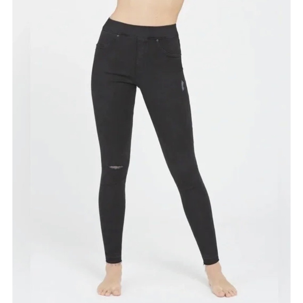 SPANX Jean-ish Ankle Skinny Jeans Medium Black Pull On Distressed Jeggings